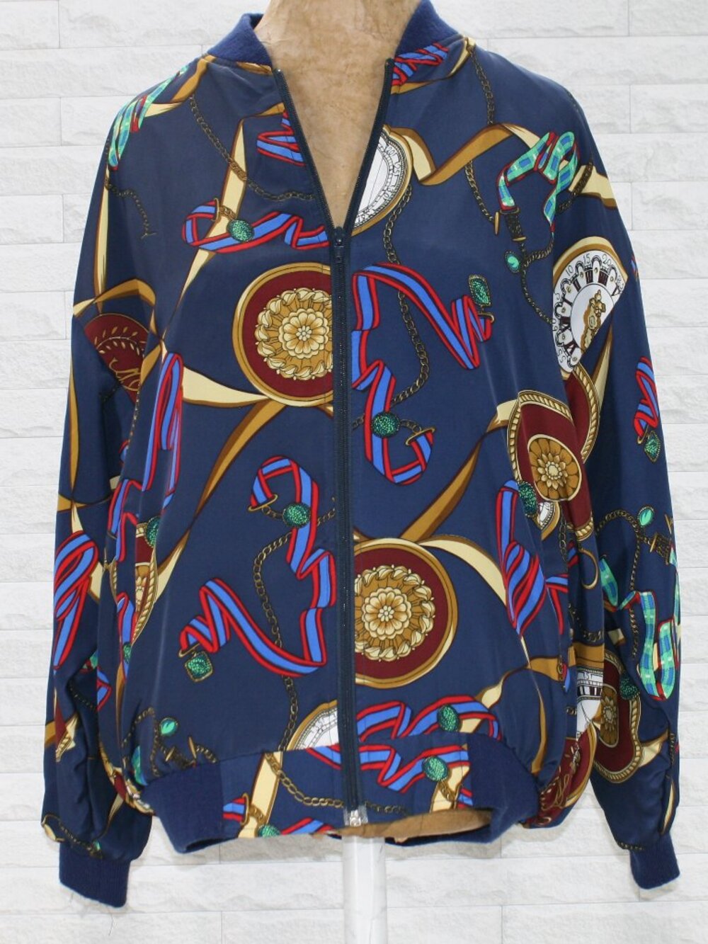 VINTAGE 90's Bomber Jacket Pocket Watch Gold Chain Ribbon Navy Blue One Size